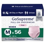 NorthShore GoSupreme Overnight Incontinence Underwear, 8-Hour Pullup Style, Medium, 56 Count Case, Pink, 30-40 inches, Unisex Adult Diapers