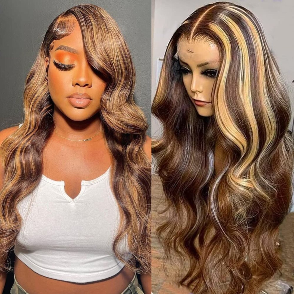 Loyom Highlight Ombre Lace Front Wig Human Hair Pre Plucked 13x4 HD Transparent 4/27 Honey Blonde Lace Front Wig Human Hair with Baby Hair 200 Density Body Wave Lace Front Wigs Human Hair 20 Inch
