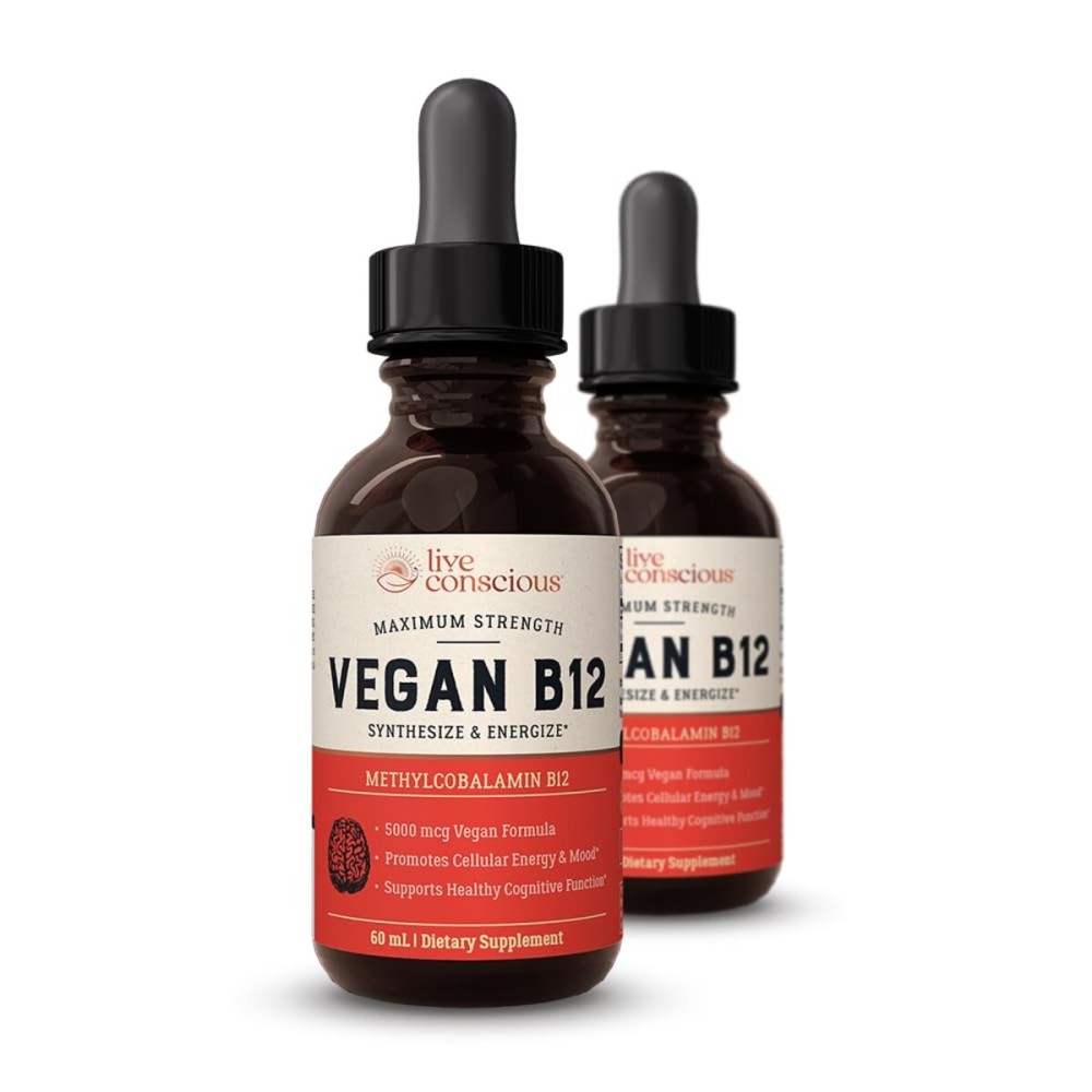 Live Conscious Vegan Vitamin B12 Sublingual Liquid Drops Methylcobalamin Max Strength B12 5000mcg Formula - Vegan B 12 Vitamin Support Energy, Promote Memory & Aid Immune System (2 Pack)