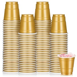Roshtia 100 Pack 2 oz Christmas Plastic Shot Cups, Mini Disposable Shot Glasses 2 oz Party Cups for Wedding Christmas Winter Party, Beer Taste Serving, Snacks(Gold)