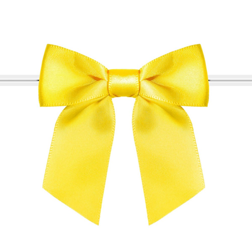RainbowPana 120 Pack Luxury Twist Tie Bows, Yellow 3 Satin Ribbon Pretied Bows, Premade Craft Decoration for Package Cake Pop Basket Favors Cookie Candy, Gift Wrapping Baby Shower Wedding