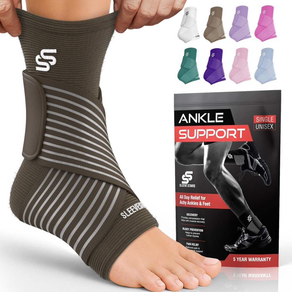 Sleeve Stars Ankle Brace for Women & Men, Ankle Wrap for Sprain, Compression Sleeve for Plantar Fasciitis Relief, Easy Customizable Support: w/ Removable Strap (Single/M:10-12/Dark Brown)