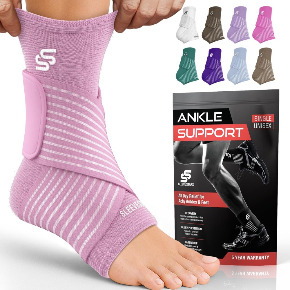 Sleeve Stars Ankle Brace for Women & Men, Ankle Wrap for Sprain, Compression Sleeve for Plantar Fasciitis Relief, Easy Customizable Support: w/ Removable Strap (Pair/M:10-12/Baby Pink)