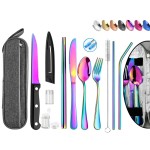 Portable Reusable Travel Utensils Silverware With Case, Camping Cutlery Set, Chopsticks and Straw, Flatware With Case, Stainless Steel Rainbow Top