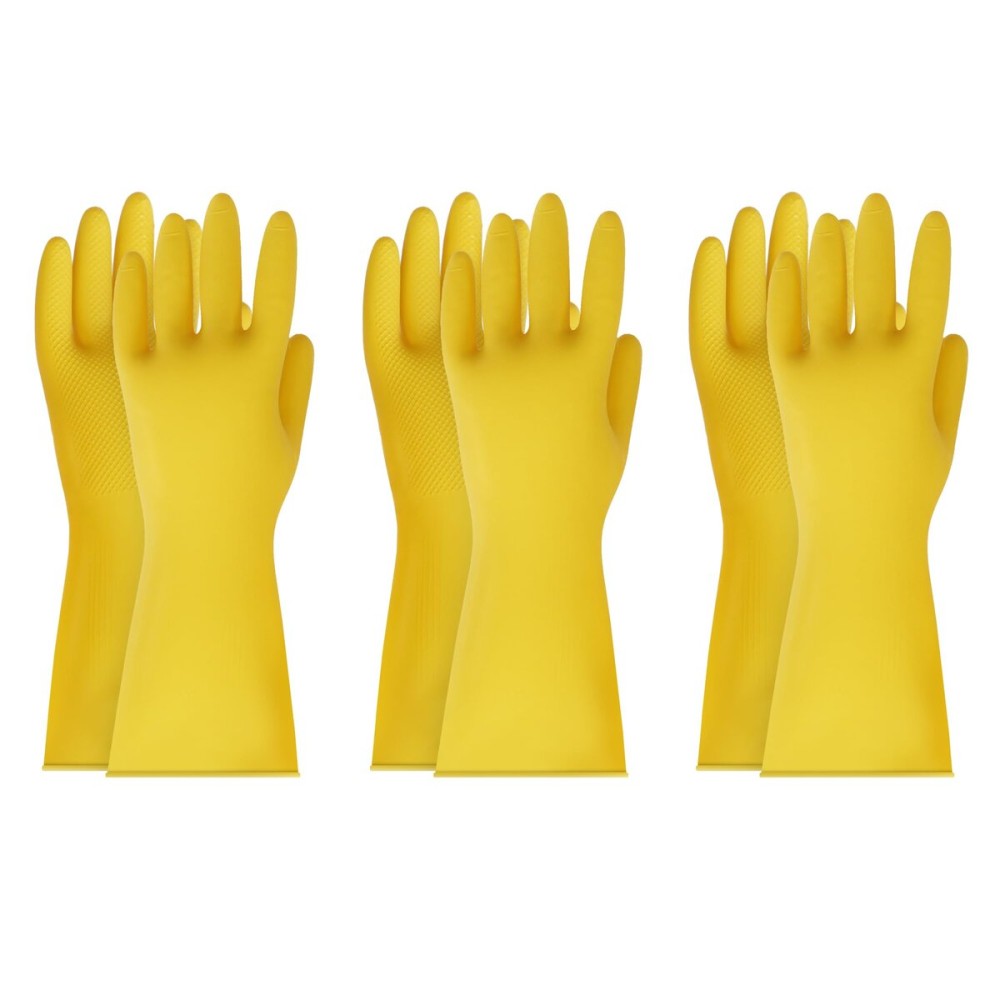 BOOMJOY Rubber Cleaning Gloves, Heavy Duty Dishwashing Gloves, Reusable Medium Gloves for Kitchen, Bathroom, Gardening, Working, Pet Care - Yellow, 3 Pairs, Size M