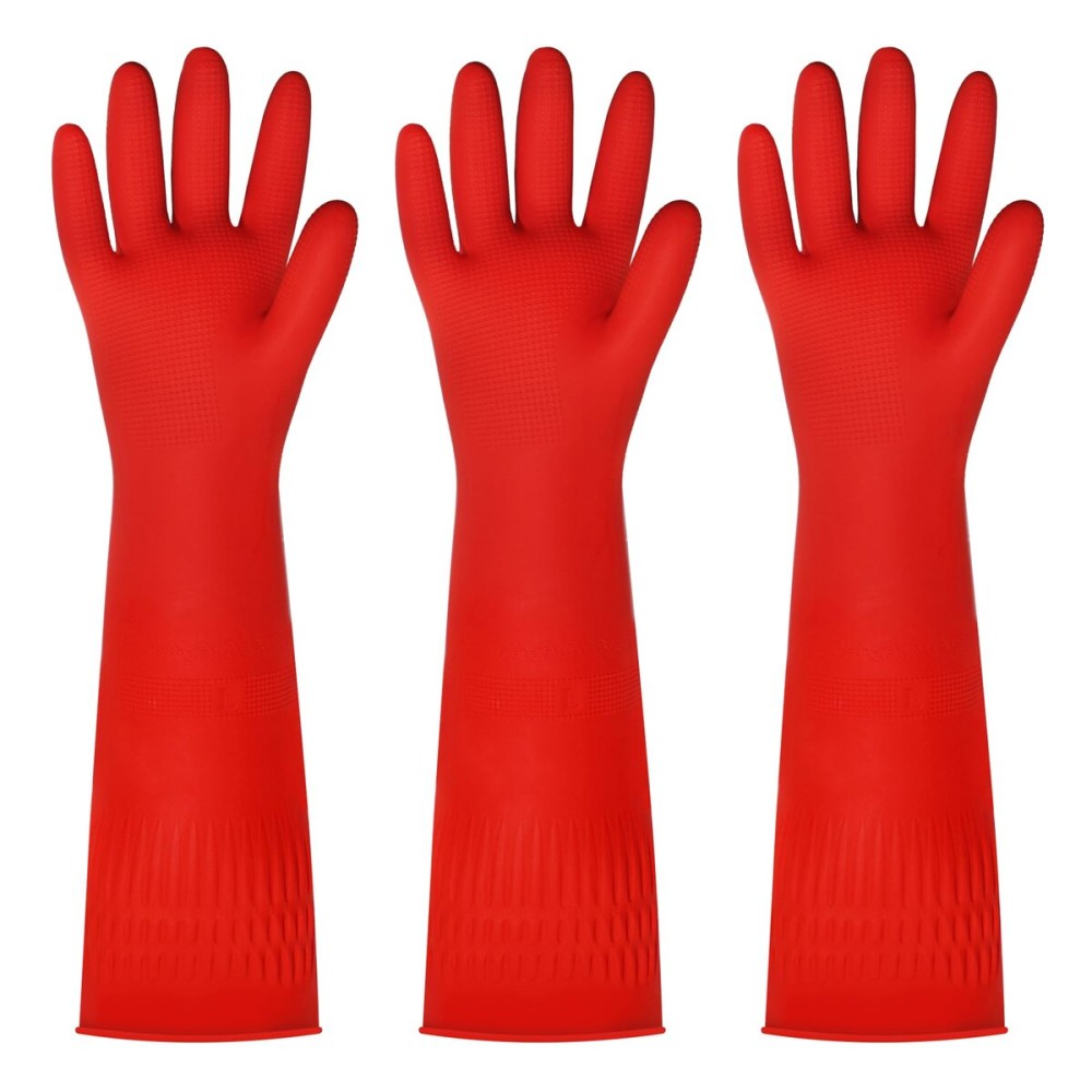 BOOMJOY Cleaning Gloves for Dish Washing, Dish Gloves, Reusable Kitchen Gloves Heavy Duty, Bathroom, Restroom, Red, 3 Pairs, Size-L