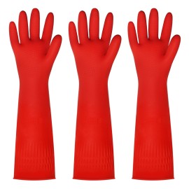 BOOMJOY Cleaning Gloves for Dish Washing, Dish Gloves, Reusable Kitchen Gloves Heavy Duty, Bathroom, Restroom, Red, 3 Pairs, Size-L