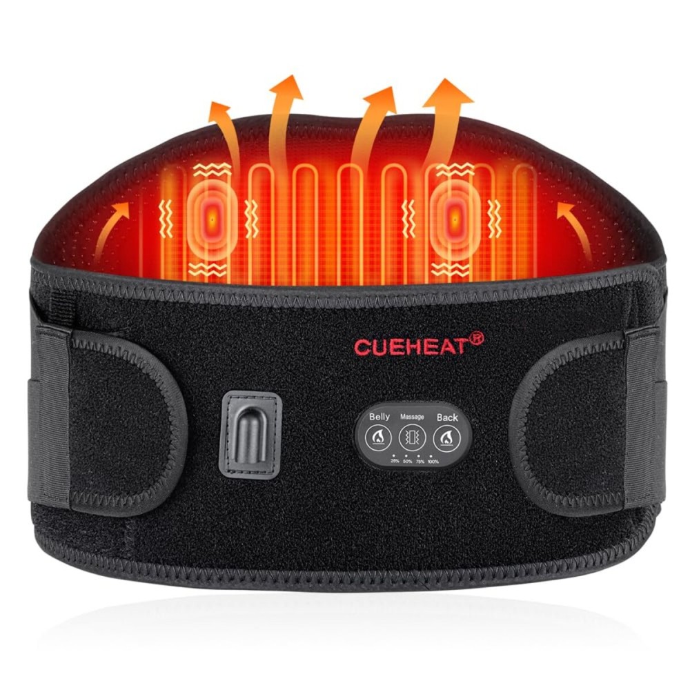 CUEHEAT Heated Waist Belt, Cordless Heating Pad for Low Back, Electrical Heating and Massage, Rechargeable Battery Powered (Black Upgraded,53 inches)