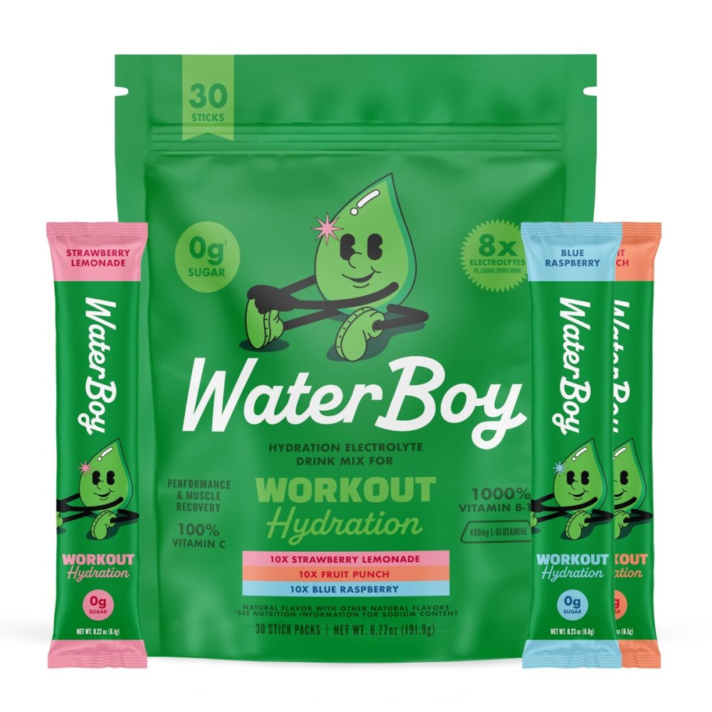 Waterboy Workout Hydration | 2,960mg Sugar Free Electrolyte Powder Packets | L-Glutamine + Vitamins | No Sugar, All Natural, Gluten Free (Variety)