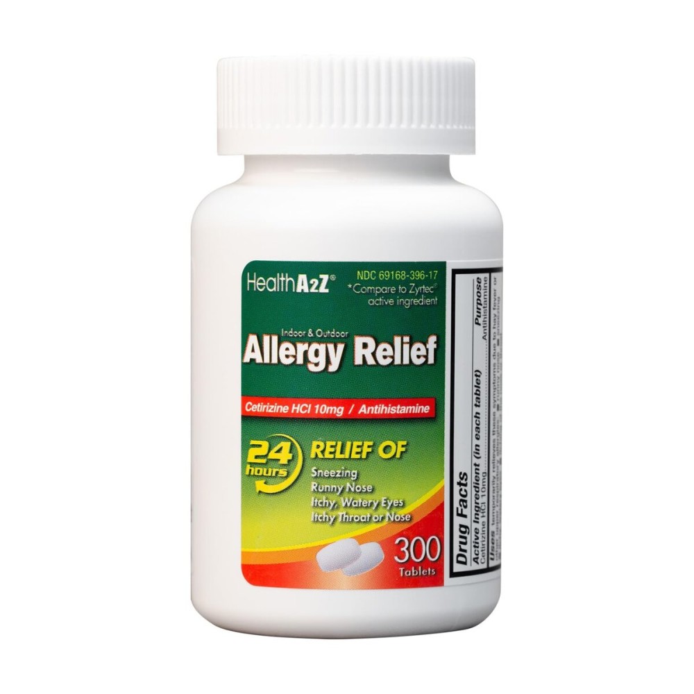 HealthA2Z Allergy Relief | Cetirizine 10mg | All Day Allergy Relief | Indoor & Outdoor | Relief from Itchy Throat, Sneezing, Runny Noses (300 Count (Pack of 1))