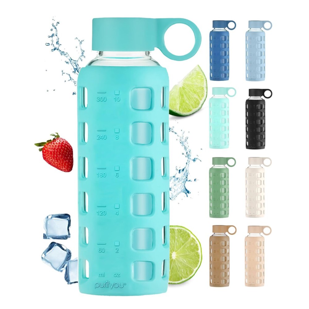 purifyou 40oz / 32oz / 22oz / 12oz Borosilicate Glass Water Bottle with Time & Volume Markers, Silicone Sleeve, Stainless Steel Lid | Reusable Glass Bottle for Water & Juice (12oz Aqua Blue)