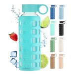 purifyou 40oz / 32oz / 22oz / 12oz Borosilicate Glass Water Bottle with Time & Volume Markers, Silicone Sleeve, Stainless Steel Lid | Reusable Glass Bottle for Water & Juice (12oz Aqua Blue)