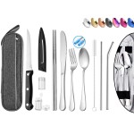 Portable Reusable Travel Utensils Silverware With Case, Camping Cutlery Set, Chopsticks and Straw, Flatware With Case, Stainless Steel Top (Silver)