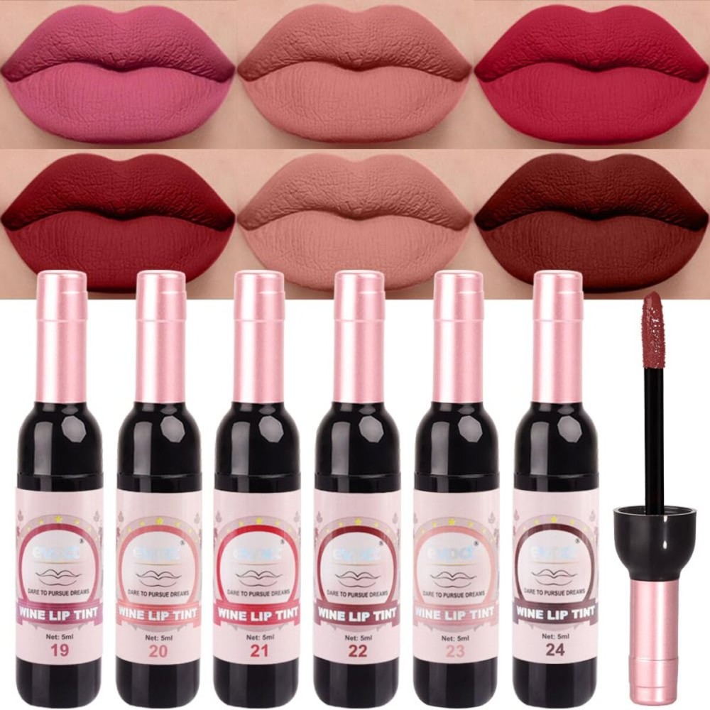 evpct Wine Lip Tint Stain 6 colors Set Long Lasting Waterproof, Mauve Light rosey nude Ruby red Dark red Light pink beige Red brown 6 Wine Bottles Shades Colored Lip Tint Stain Liquid Lipstick Set 04