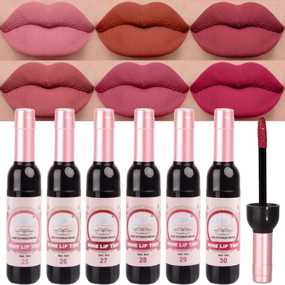 evpct Wine Lip Tint Stain 6 Colors Set Long Lasting Waterproof, Warm pink neutral Nude brown Deep cranberry Mauve pink Berry Wine Bottles Lip Tint Stain Peel off Liquid Lipstick Set, 05