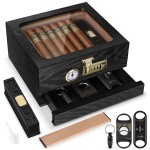 Tesonway Cigar Humidor, Cedar Wood Humidor Cigar Box, Glass Top Desktop Humidor with Front Hygrometer, Humidifier, Divider, Accessories Drawer and Combination Lock, Cigar Gifts for Men (Black)