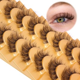 Mavphnee Brown False Eyelashes Cat Eye Natural Look Lash Extension D Curl Wispy Clear Band Brown Eyelashes Fluffy Faux Mink Lashes Pack