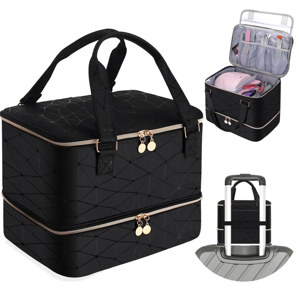 FCQQYWZ Nail Polish Organizer Case Hold 40+ Bottles (15ml/0.5 fl.oz) and Led Nail Lamp, Nail Supply Organizers and Storage for Nail Tech, Nail Dryer Case Nail Polish Bag Nail Kit Organizer (BLACK)