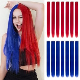 HH FASHION 14 PCS Colored Clip In Hair Extensions 20 Inch Colorful Party Highlights Clip In Straight Rainbow Hairpieces, Halloween Cosplay Christmas New Year Gift For Women Kids Girls(Red, Blue-14Pcs)
