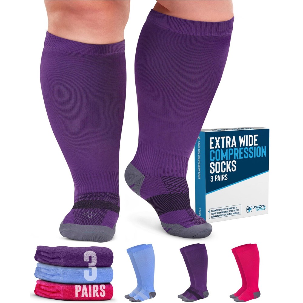 Doctor\'s Select 3 Pairs Plus Size Compression Socks Wide Calf - Up to 6XL | 20-30 mmHg Compression Socks for Women Wide Calf | Pink, Purple, Blue