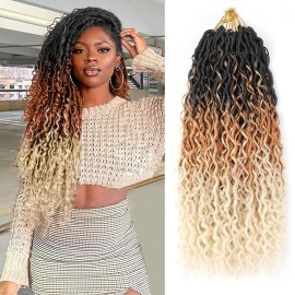 Curly Goddess Locs Crochet Hair 18 Inch Boho River Locs Hippie Wavy Crochet With Curly Hair In Middle And Ends Braids Hair Extensions (7Packs,18 inch, 3T1B/27/613)
