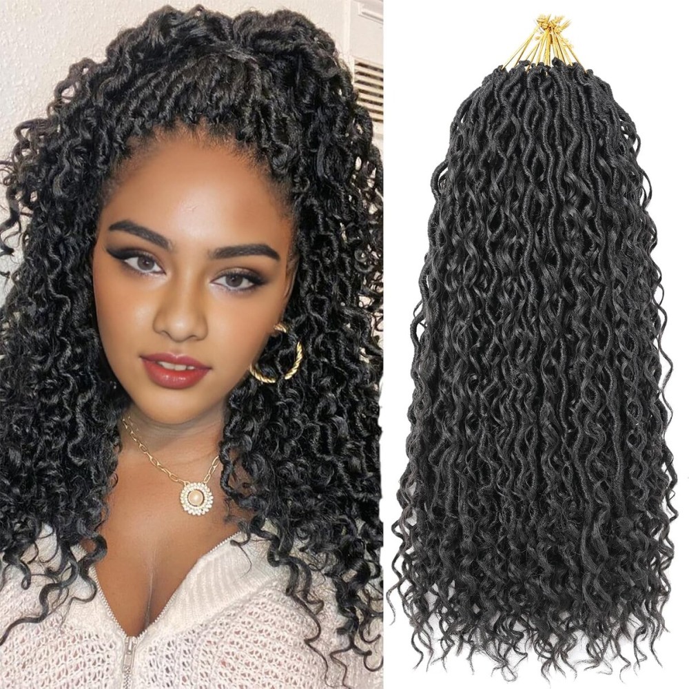 Aipin Goddess Locs Crochet Hair 18 Inch Boho River Locs Hippie Wavy Crochet With Curly Hair In Middle And Ends Braids Hair Extensions (7Packs,18 inch, 1B)