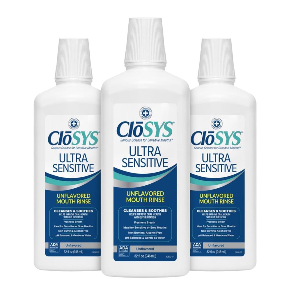 CloSYS Ultra Sensitive Mouthwash, Unflavored Alcohol Free, Dye Free, pH Balanced, Helps Soothe Entire Mouth - 32 Oz (Pack of 3)