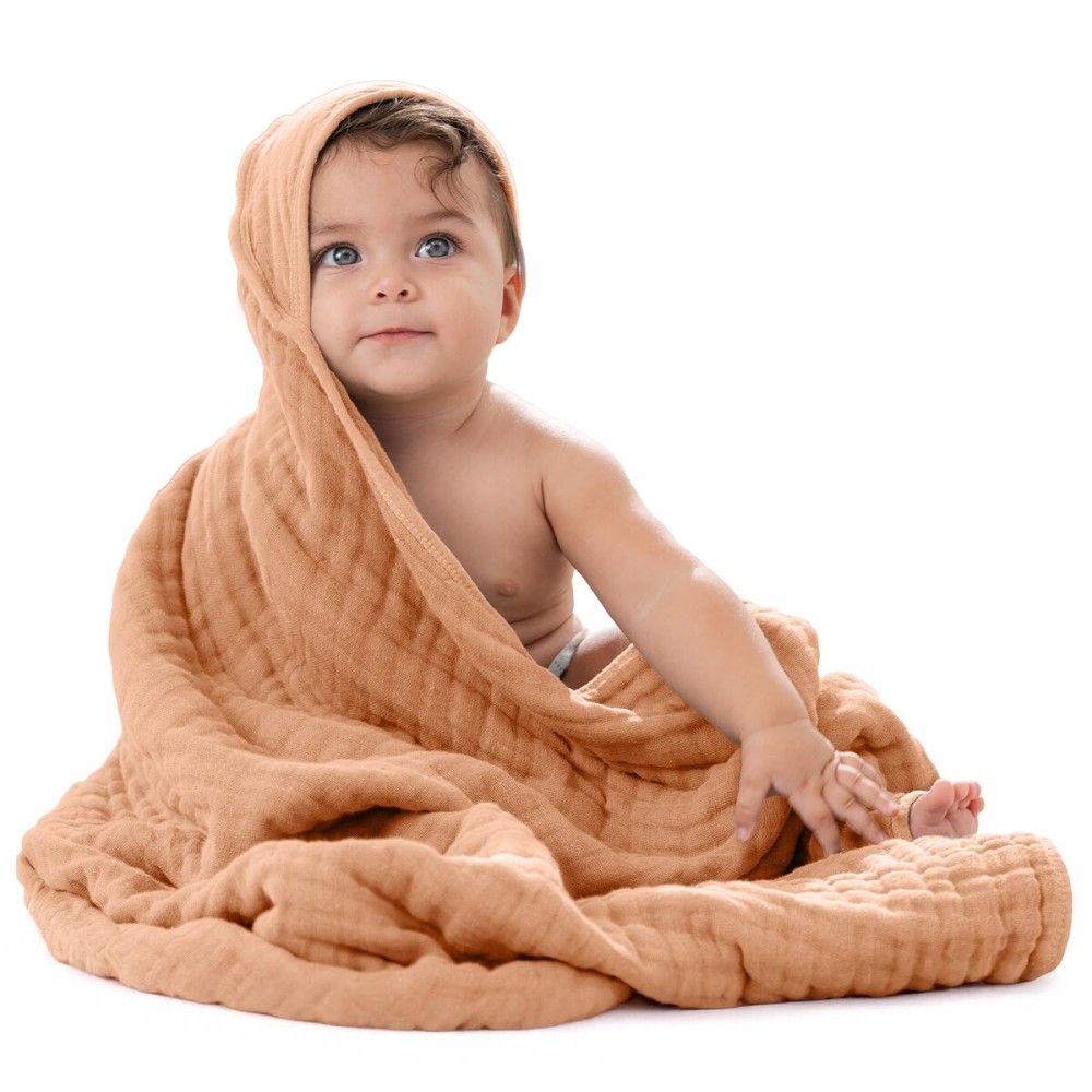 Comfy Cubs Baby Hooded 9 Layer Muslin Cotton Towel for Kids, Large 32 x 32, Ultra Soft, Warm, and Absorbent. Baby Essentials Bath Towels, Cute Unisex Cover for Girls and Boys (Pack of 1, Caramel)