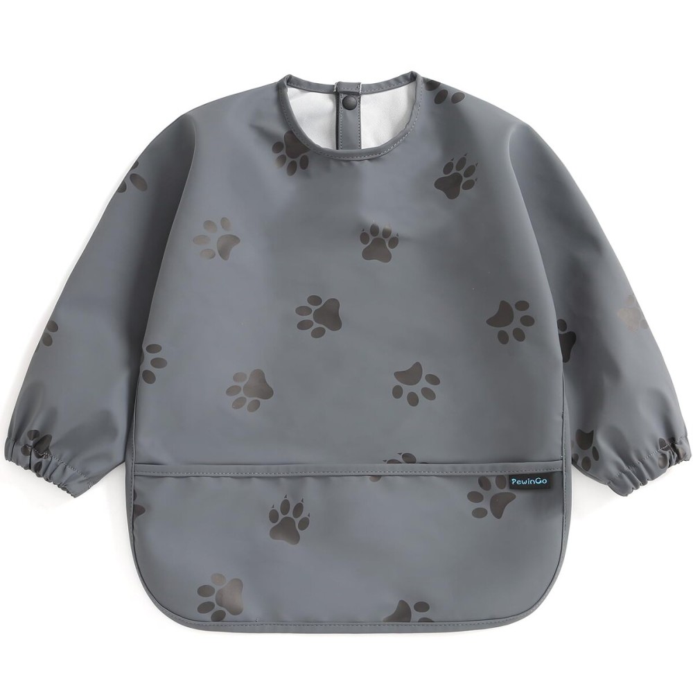 PewinGo Baby Bib with Long Sleeves Bib & BLW, Machine Washable & Soft and Skin-Friendly Material, Coverall Bibs for Baby Feeding, Waterproof and Easy to Clean, for Baby Infant Toddlers (Dark Grey)