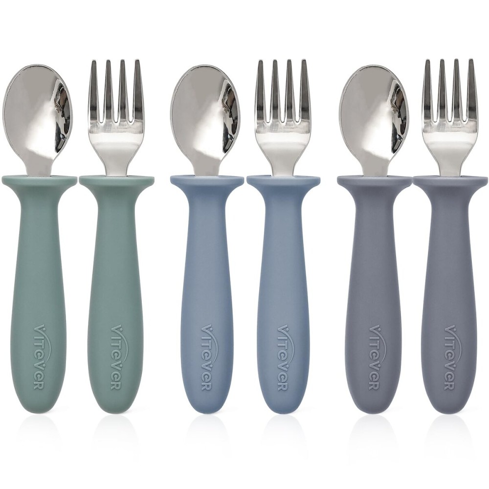 6 Pieces Toddler Utensils, Kids Safe Spoons and Forks, Children Silverware Set with Silicone Handle, 18/8 Stainless Steel, Food-grade SiliconeBPA Free - Dishwasher Safe