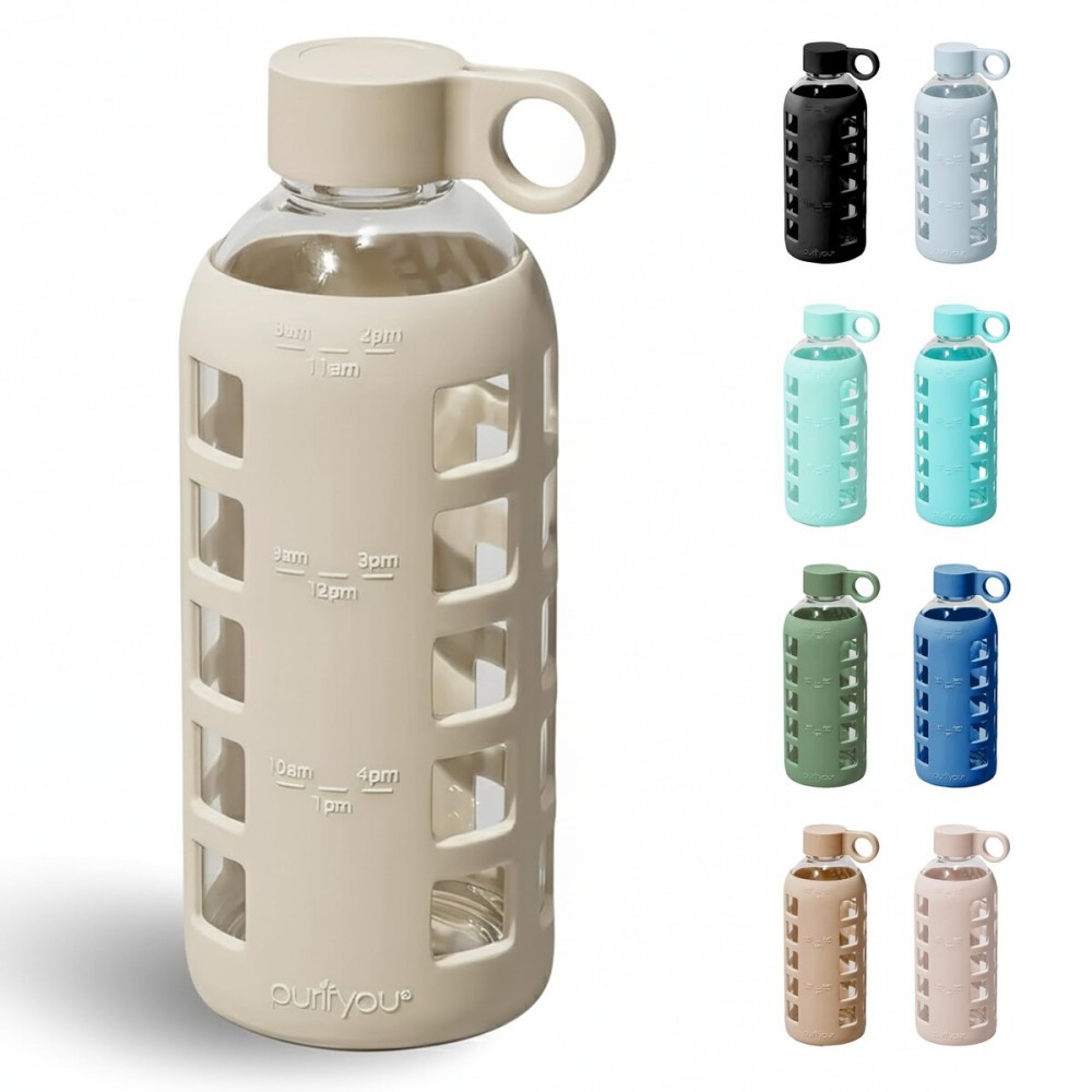 purifyou 40oz / 32oz / 22oz / 12oz Borosilicate Glass Water Bottle with Time & Volume Markers, Silicone Sleeve, Stainless Steel Lid | Reusable Glass Bottle for Water & Juice (22oz Pearled Ivory)