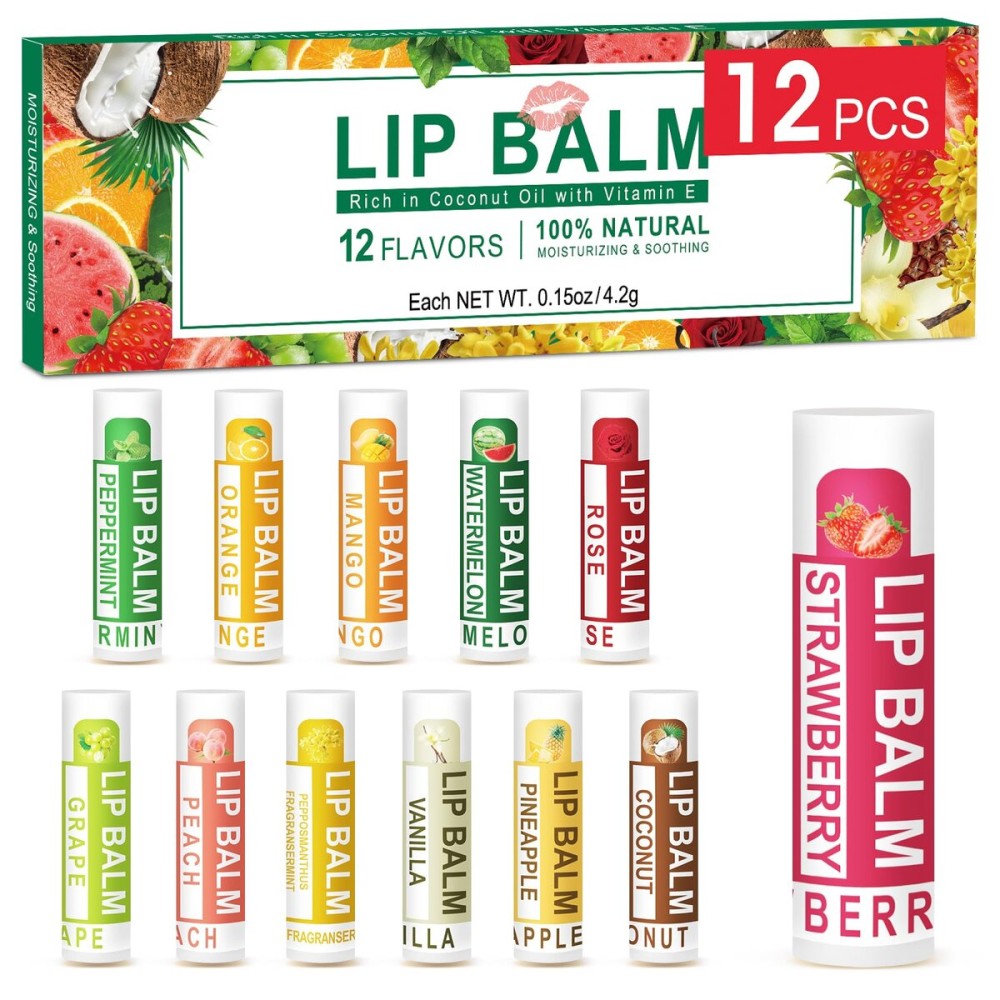 DMSKY 12 Pack Lip Balm, Natural Lip Balm Bulk with Vitamin E and Coconut Oil, Moisturizing Lip Balm for Dry Cracked Lips, Lip Balm for Stocking Stuffers - 12 Flavors