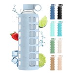 purifyou 40oz / 32oz / 22oz / 12oz Borosilicate Glass Water Bottle with Time & Volume Markers, Silicone Sleeve, Stainless Steel Lid | Reusable Glass Bottle for Water & Juice (32oz Ice Blue)