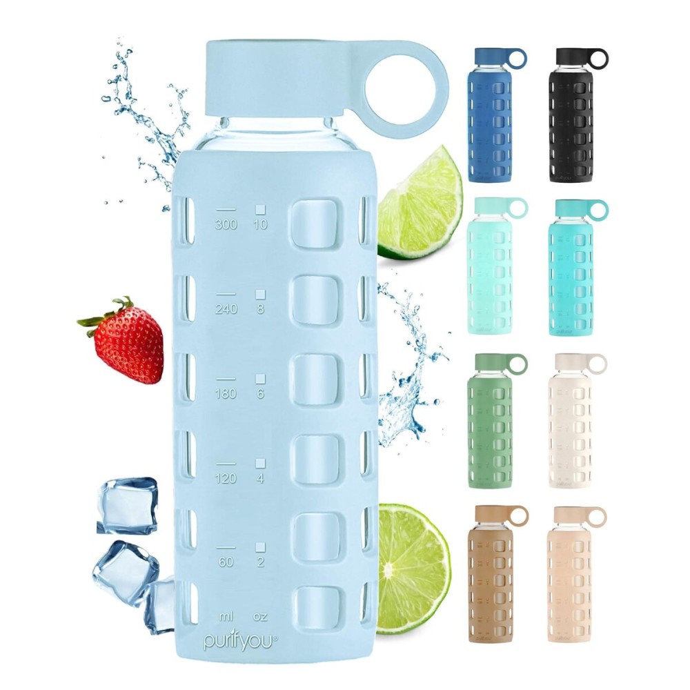 purifyou 40oz / 32oz / 22oz / 12oz Borosilicate Glass Water Bottle with Time & Volume Markers, Silicone Sleeve, Stainless Steel Lid | Reusable Glass Bottle for Water & Juice (12oz Ice Blue)