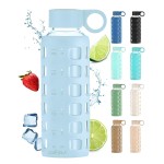 purifyou 40oz / 32oz / 22oz / 12oz Borosilicate Glass Water Bottle with Time & Volume Markers, Silicone Sleeve, Stainless Steel Lid | Reusable Glass Bottle for Water & Juice (12oz Ice Blue)