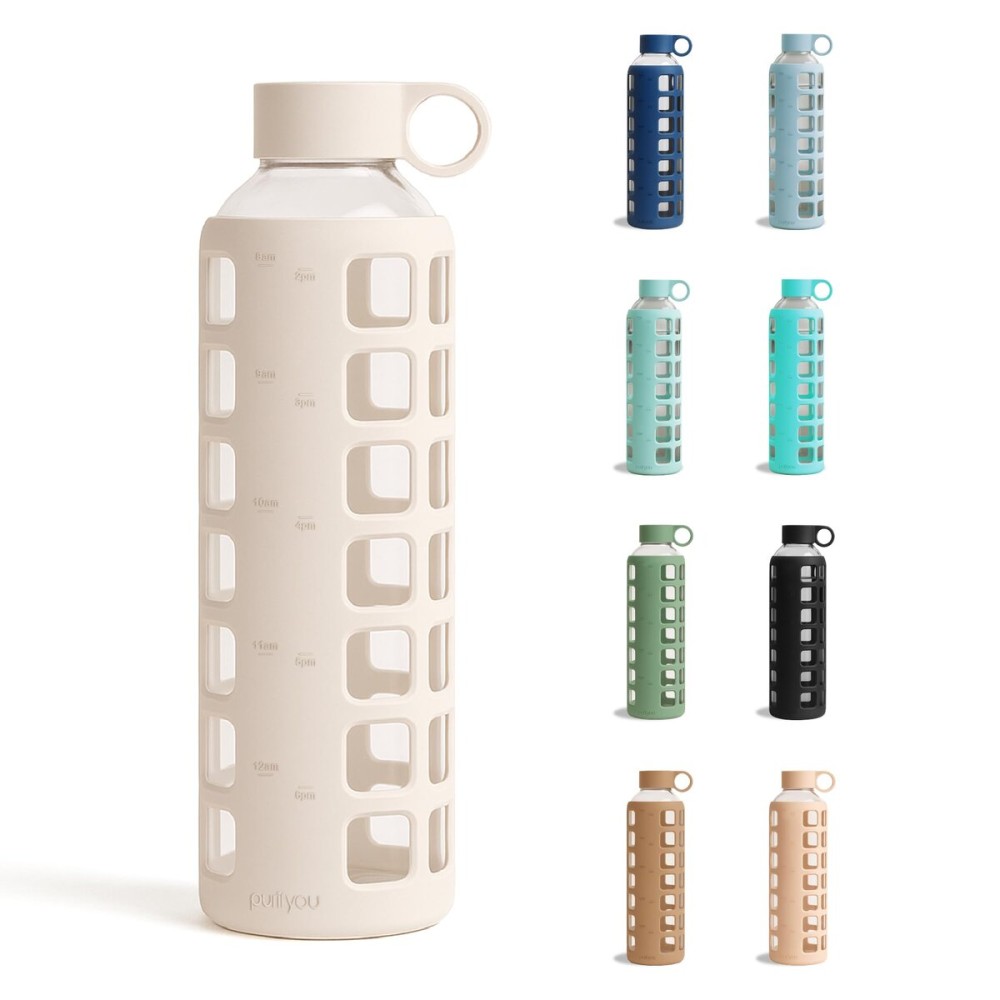 purifyou 40oz / 32oz / 22oz / 12oz Borosilicate Glass Water Bottle with Time & Volume Markers, Silicone Sleeve, Stainless Steel Lid | Reusable Glass Bottle for Water & Juice (32oz Pearled Ivory)