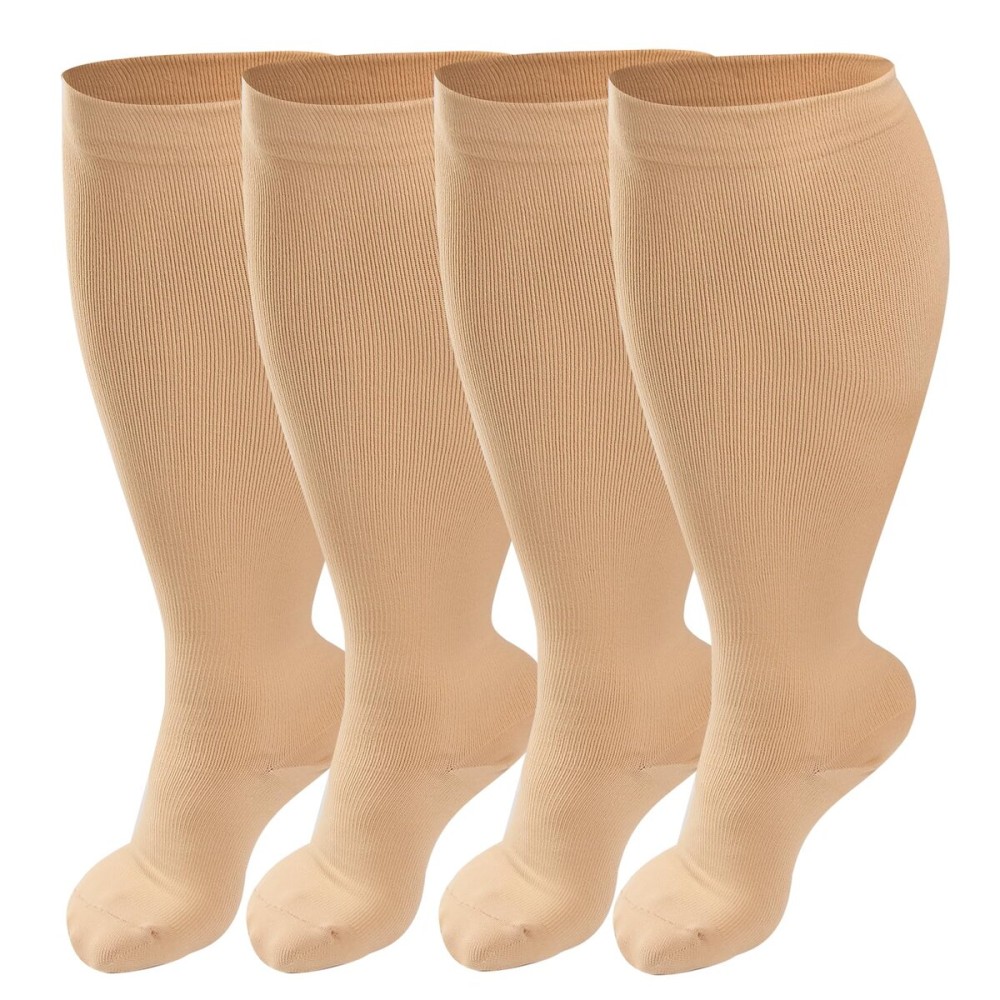 4 Pairs Plus Size Compression Socks for Women & Men, Extra Wide Calf 20-30 mmhg Knee High Compression Stockings for Circulation Swelling Support