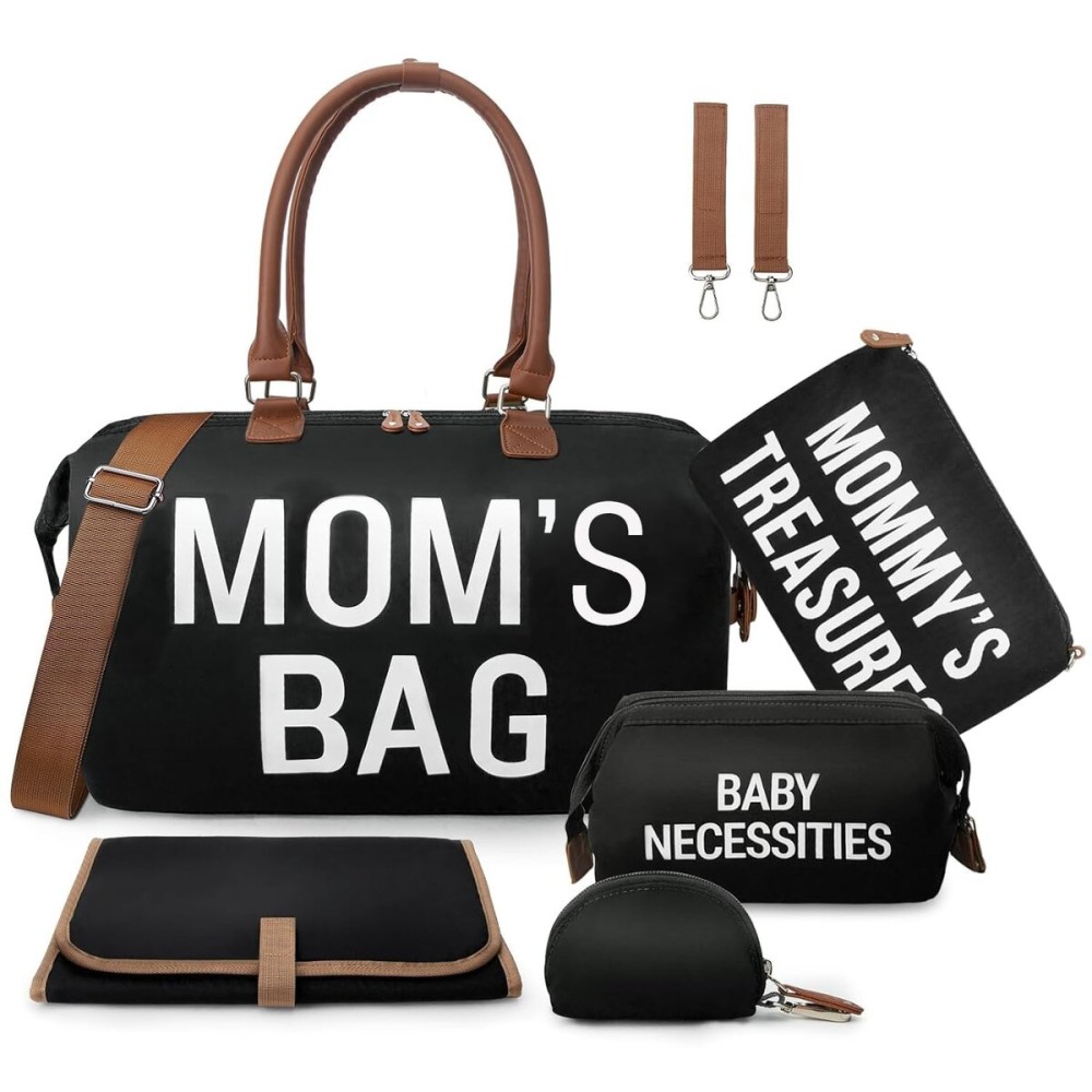 printe 6pcs Large Diaper Bag Tote with Changing Pad & 2 Organized Pouches, Mom\'s Bag for Hospital with Pacifier Case, Straps, Stroller Hook, Baby Diaper Bag for Weekender Travel