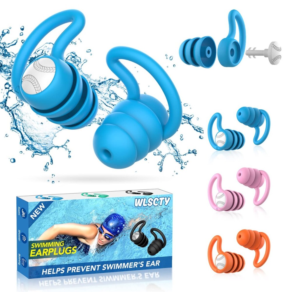 Swimming Ear Plugs Waterproof Earplugs - 3 Pairs Silicone Swim Ear Plugs for Adult Kids, Water Sports Earplugs for Showering, Bathing, Surfing - Keep Ear Water Out (Blue,Pink,Orange, One Size)