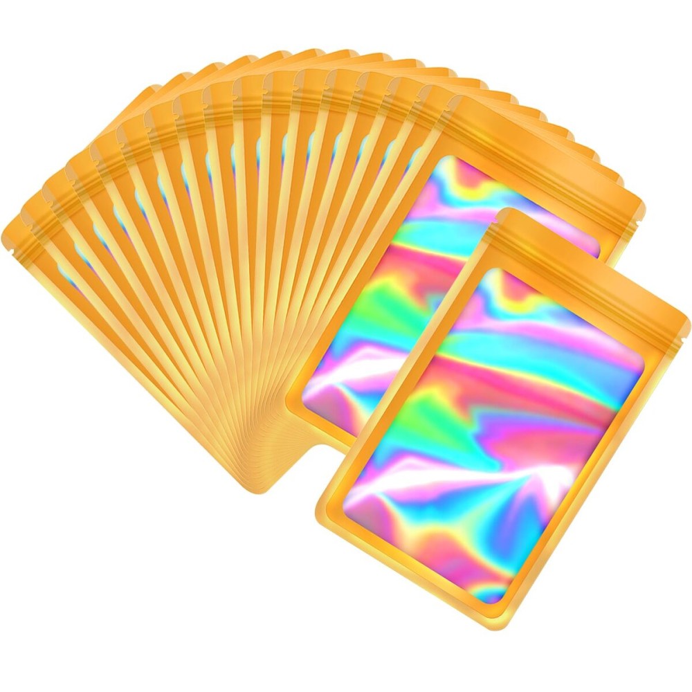EONJOE 100-pack 66 inch mylar bags with clear window holographic resealable sealable packaging zip bag for small bussiness jewelry candy sample food packing supplies gold