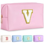 TOPEAST Initial Makeup Bags for Women, Personalized Portable Cosmetic Bag for Travel, Cute Makeup Pouch, PU Leather Waterproof Toiletry Bag, Preppy Things for Girl (Pink V)