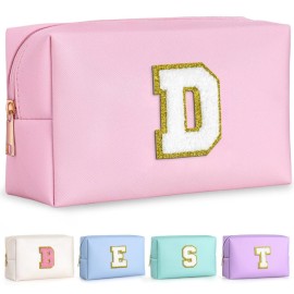 TOPEAST Preppy Small Makeup Bag, Chenille Letter Pouch Cosmetic Bag With Zipper, PU Leather Waterproof Toiletry Bag, Personalized Birthday Gift for Women, Cute Stuff for Girls (Pink D)