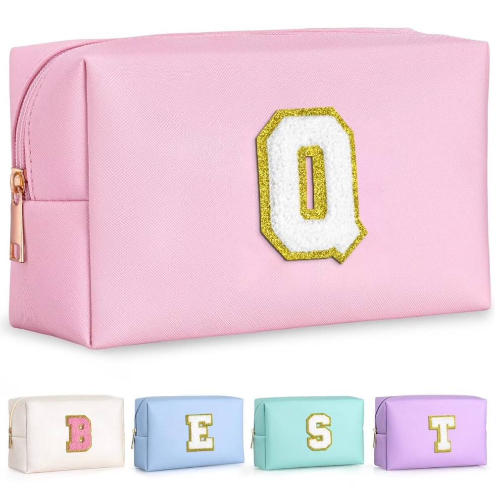 TOPEAST Preppy Pink PU Leather Makeup Bag with Gold Glitter Chenille Patch, 8.3in x 3.5in x 4.9in