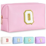 TOPEAST Preppy Pink PU Leather Makeup Bag with Gold Glitter Chenille Patch, 8.3in x 3.5in x 4.9in