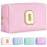 TOPEAST Preppy Pink PU Leather Makeup Bag with Gold Glitter Chenille Patch, 8.3in x 3.5in x 4.9in