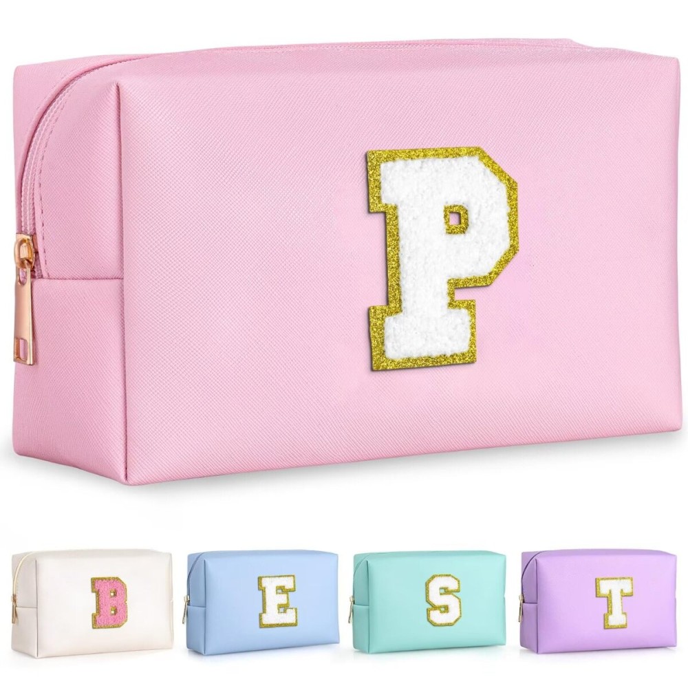 TOPEAST Preppy Pink Glitter Chenille Patch Travel Makeup Bag, 8.3in x 3.5in x 4.9in