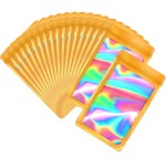 EONJOE 100-pack 57 inch mylar bags with clear window holographic resealable sealable packaging zip bag for small bussiness jewelry candy sample food packing supplies gold