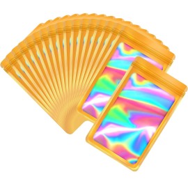EONJOE 100-pack 57 inch mylar bags with clear window holographic resealable sealable packaging zip bag for small bussiness jewelry candy sample food packing supplies gold