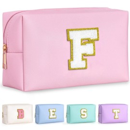 TOPEAST Preppy Makeup Bag, Small Cosmetic Travel Bags for Women, PU Leather Waterproof Toiletry Bag with Zipper, Personalized Birthday Gift for Women Girl, Preppy Gifts for Girl (Pink F)