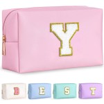 TOPEAST Preppy Makeup Bag, Small Cosmetic Travel Bags for Women, PU Leather Waterproof Toiletry Bag with Zipper, Personalized Birthday Gift for Women Girl, Preppy Gifts for Girl (Pink Y)